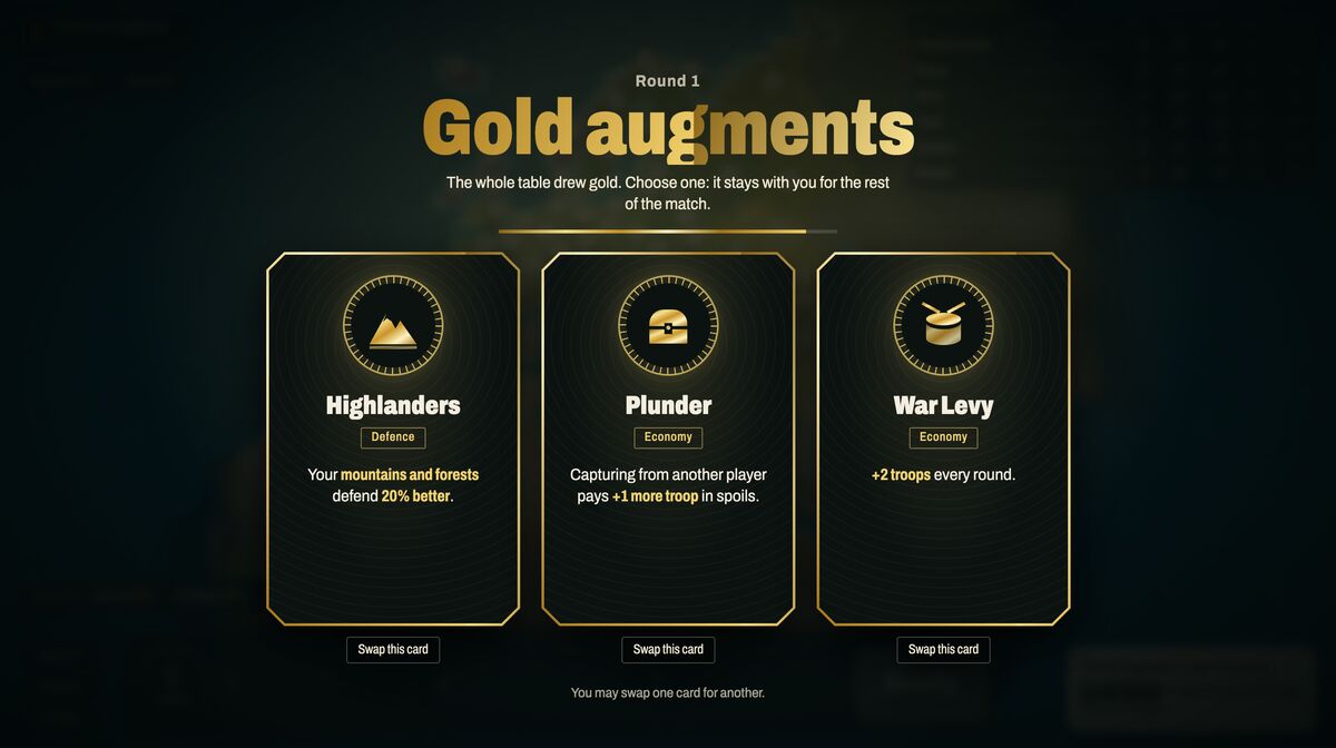 The augment screen in round 1: three gold cards to choose from, Highlanders, Plunder and War Levy, each with a button to swap it.