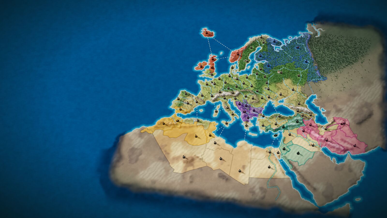 The game's Europe board seen from above: sculpted land in a blue sea, from Iceland to Persia, with territories in six players' colours.