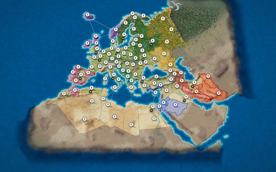 The Europe board: sculpted land from Iceland to Persia with North Africa and the Middle East, every territory marked with its troop count.