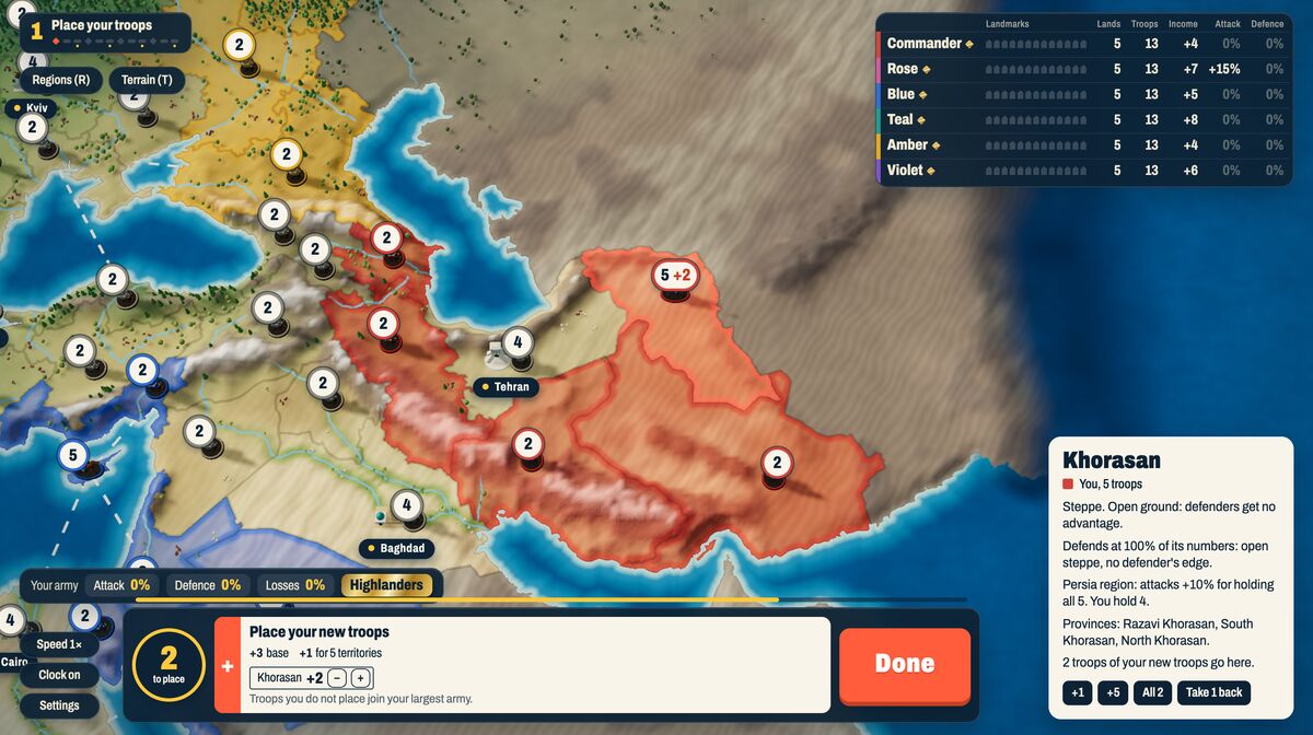 The Europe board, close in on Persia. The player has two troops left to place, and a card describes the territory Khorasan: open steppe, part of the Persia region.
